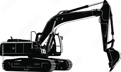 Crawler excavator silhouette vector illustration with hydraulic arm and bucket, heavy construction machinery equipment isolated on white background