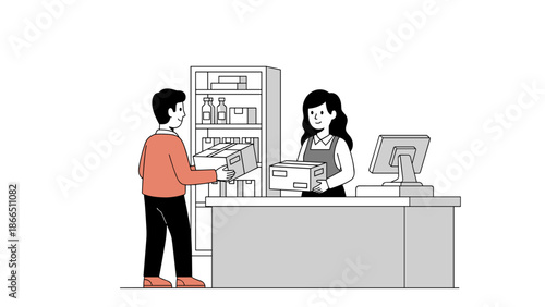 Grocery Shopping: Customer Buying Item at Checkout With Cashier At Supermarket