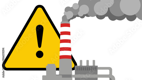 Industrial Danger: Factory Pollution and Warning Sign Depicting Environmental Hazard