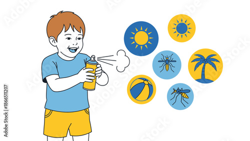 Happy Boy Sprays Insecticide Against Mosquitoes Enjoying Summer Activities Vacation Time