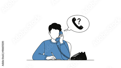 Man Answers a Phone with a Question Mark Peeking Around a Corner in Blue and White