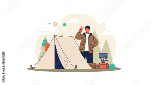 Happy Camper At Campsite Near Tent And Cooking Equipment In Nature