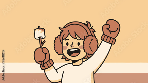 Happy Winter Kid Enjoying Roasted Marshmallow With Cozy Earmuffs