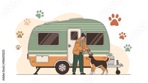 Happy Wanderer Grooming Dog Near Cute Caravan for Road Trip Adventures