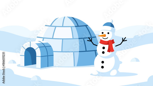 Happy Winter Scenery With Smiling Snowman Standing Next To Igloo