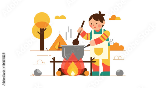 Happy Camper Cooking Stew Over Campfire In Nature Flat Vector Illustration
