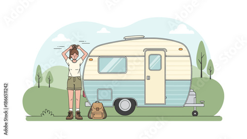 Happy Woman Camping Next to Retro Caravan On Summer Trip Vacation