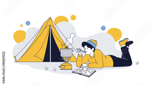 Happy Camper Enjoying Meal And Reading On Camping Trip In The Outdoors