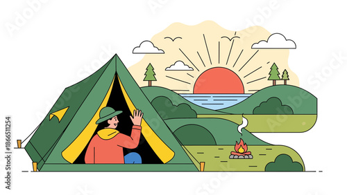 Happy Camper Enjoying Peaceful Sunrise On Nature Adventure Trip