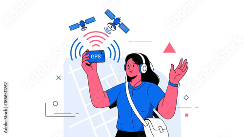 Happy Woman Holding Smartphone With Gps Navigation Satellite Connection Illustration