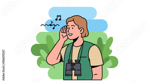 Happy Woman Listening to Music in Nature with Binoculars Illustration