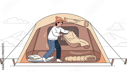 Happy Camper Inside Tent Preparing Bedding With Mountain Scenery Outdoor Trip