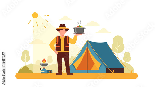 Happy Camper Preparing Delicious Food Outdoors On A Summer Day Vacation