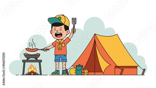 Happy Camper Preparing Sausages With Tent In The Background Cartoon Illustration