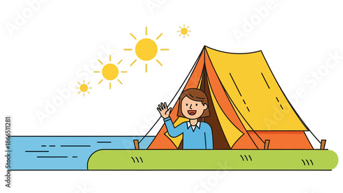 Happy Woman Welcoming From a Colorful Camping Tent on a Sunny Summer Day