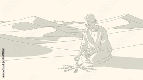 Harmony In The Desert Woman Balancing Stones In Sandy Serenity Drawing