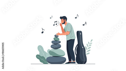 Harmony With Nature Man Singing Guitar Beside Stacked Stones Serene Musical Scene