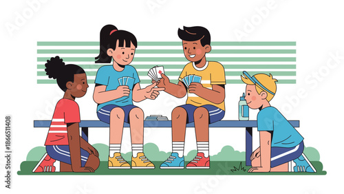 Happy Children Enjoying Card Games Outdoors On a Bright Summer Day