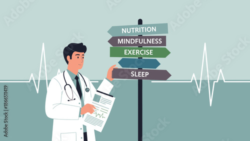 Healthcare Professional Guiding Healthy Lifestyle Choices On Signpost For Patients
