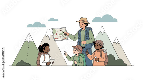 Happy Children Exploring Mountains Together During Summer Adventure Time