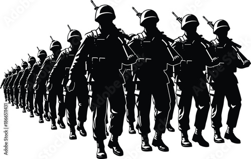Marching military soldier silhouettes in disciplined formation with rifles symbolizing army strength, combat readiness, security, and tactical infantry power