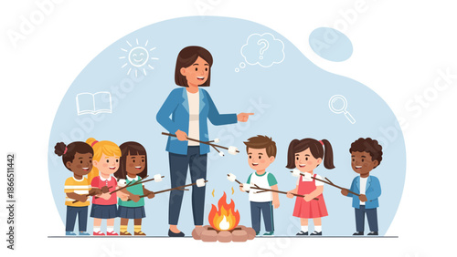 Happy Children Toasting Marshmallows Around Campfire With Their Teacher Cartoon Illustration