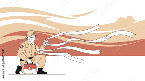 Healthcare Worker Offering First Aid Support Amidst Distant Winds Illustration