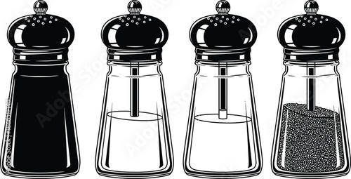 Salt and pepper grinder silhouettes set showing classic kitchen seasoning containers for cooking, dining, restaurant use, and minimalist black and white vector illustration