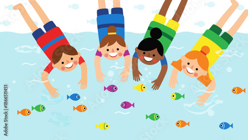 Happy Children Splashing Water With Colorful Fish Enjoying Summer Vacation