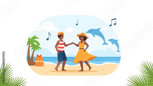 Happy Couple Dancing On Tropical Beach Vacation With Palm Trees And Dolphins