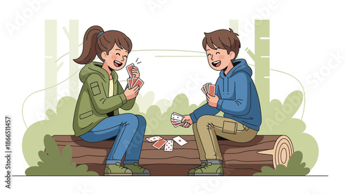 Happy Couple Playing Cards On A Log In The Forest During A Picnic Time