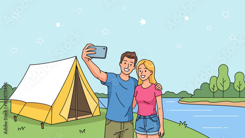 Happy Couple Enjoying Camping Adventure Taking Selfie Near Tent Outdoors