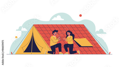 Happy Couple Repairing the Roof of their House Together Illustration