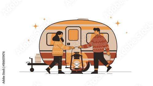 Happy Couple Starting Camping Adventure With A Retro Caravan And Kerosene Lamp