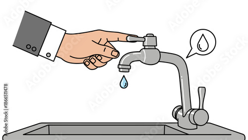 Conserve Water with Leaky Faucet Fixed by Person Wearing Suit Sleeve Cartoon Art
