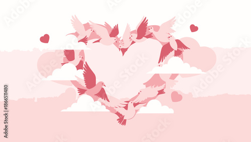 Heart Shaped Doves Formations Against Light Pinkish Background Symbolic Of Love