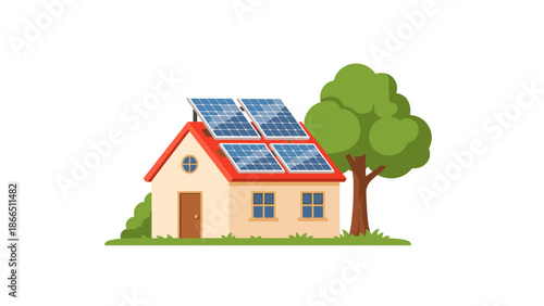 Eco Friendly House with Solar Panels and a Tree near it Showing Environmentalism