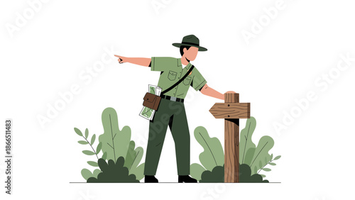 Helpful Forest Ranger Guiding Visitors with Directional Sign in Wilderness