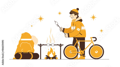 Happy Cyclist Enjoying Camping With Marshmallow Over Campfire in Winter Landscape