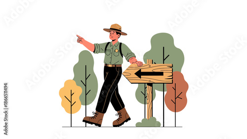Helpful Park Ranger Guiding Travelers Through Nature With Directional Arrow Sign