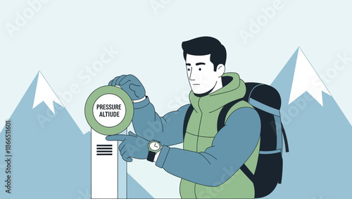 Hiker Ascending In Mountains Reading Altitude Information With Backpack