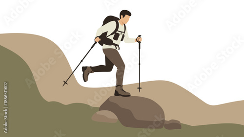 Hiker Adventurer Climbing Rocky Terrain With Poles And Backpack Illustration