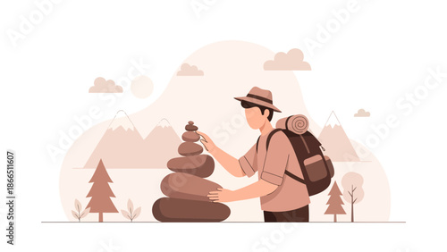 Hiker Balances Stones In A Peaceful Mountain Landscape Illustration