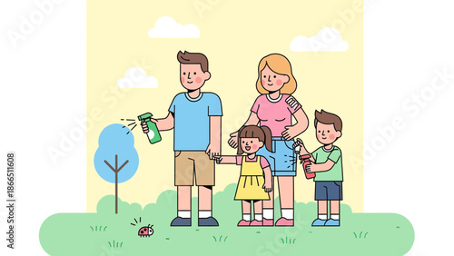 Happy Family Spraying Insecticide In The Garden Illustration Together Leisure Activities