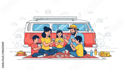 Happy Family Playing Card Together Enjoying Road Trip Vacation Vector Illustration