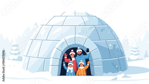 Happy Family Waving From Inside an Igloo Structure in a Winter Landscape