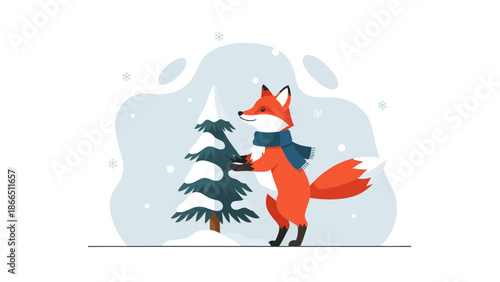 Happy Fox Decorating A Christmas Tree On A Snowy Winter Day Design