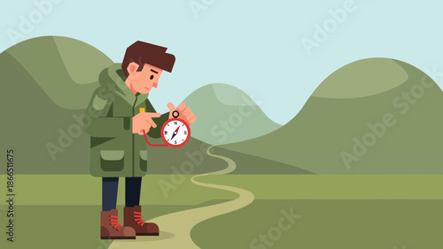 Hiker Consulting Compass On Winding Path Amid Scenic Mountain Range Cartoon Illustration