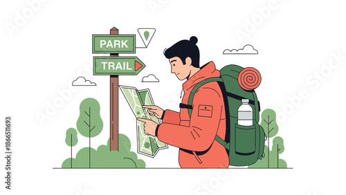 Hiker Consults Map At Trailhead Seeking Direction Amidst Nature's Serenity