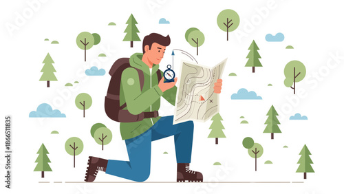 Hiker Navigating The Wilderness Using Topographic Map And Compass For Direction